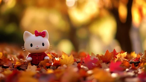 Ceramic figurine positioned among autumn foliage in natural setting
