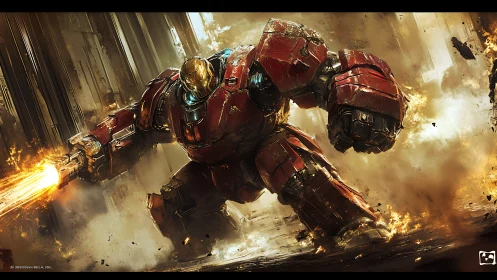 Titan war mech storms a burning city in molten fury.