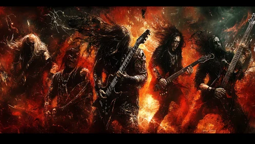 Metal band performance in fiery digital artwork scene.