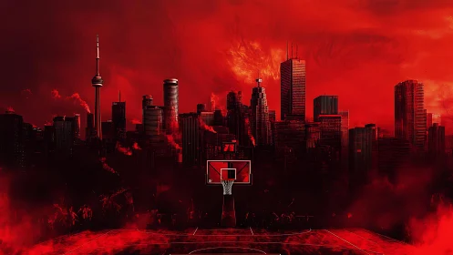 Red-spectral metropolitan skyline with central basketball hoop focus.