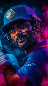 Indian cricket batter portrait in helmet and gloves. Period.