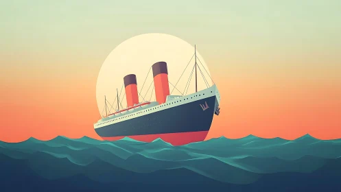 Minimalist ocean liner illustration against sunset horizon.