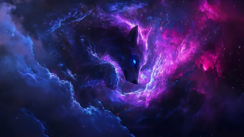 Cosmic wolf guardian drifting through glowing violet nebula.