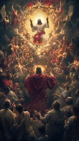 Vertical celestial ascension tableau with radiant divine focal point