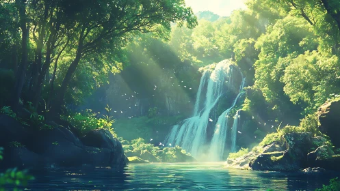 Waterfall in Dense Forest with Cascading Water Flow.