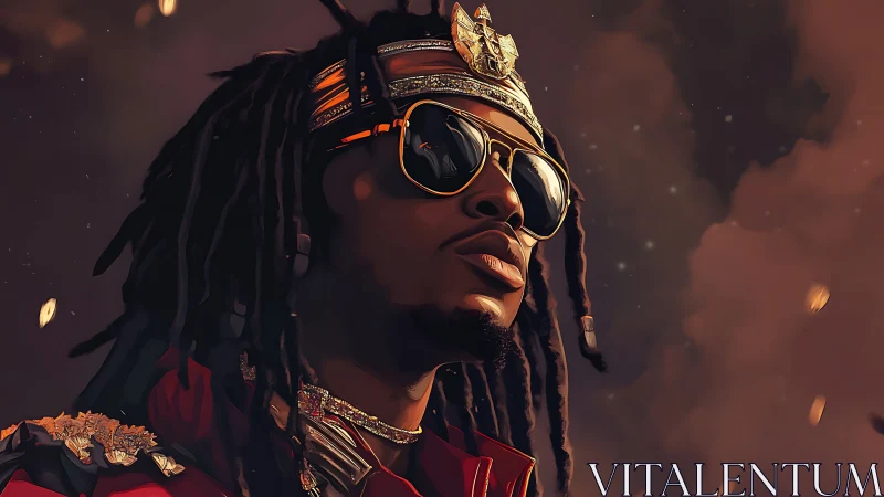 Crowned urban monarch in ember-lit sky of drifting sparks.