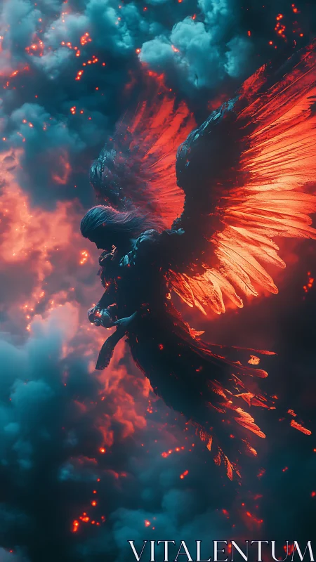 Ember-winged fallen angel drifts through a storm of cinders
