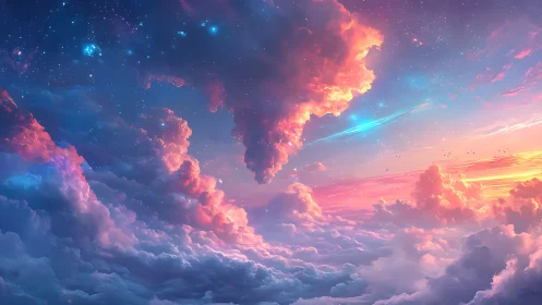 Color-saturated cloudscape shows glowing sunset and stars