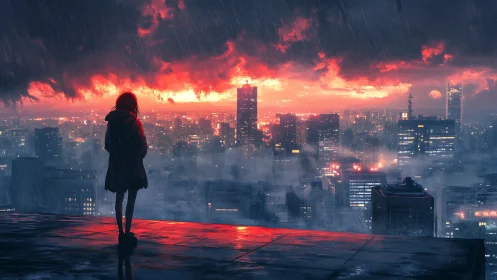 Rooftop dreamer meets neon storm above a burning skyline.