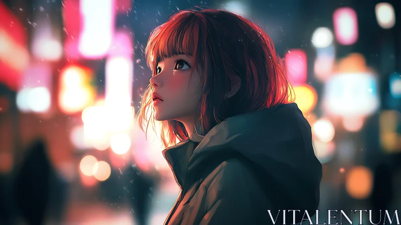 Side profile of girl in hooded coat amid city lights.