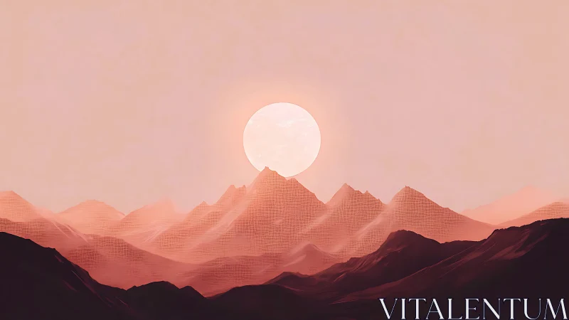 Blush desert mountains beneath a glowing pale sun at dusk.