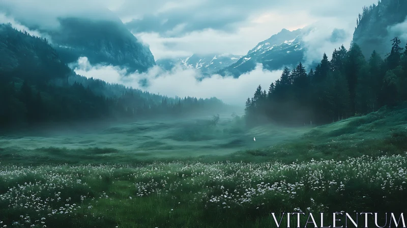 Misty alpine meadow valley with conifer forest and snow peaks