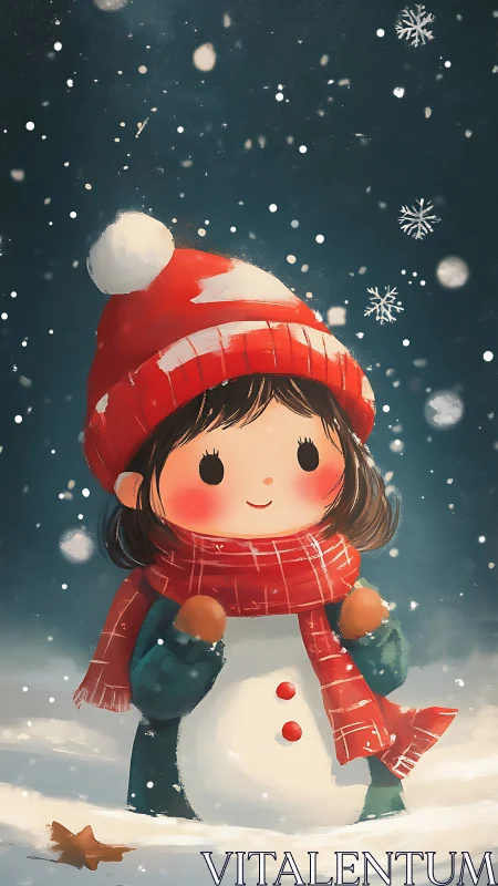 Snowchild composite with stylized bokeh snowfall rendering.