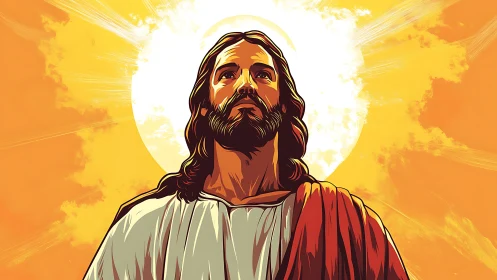 Radiant spiritual figure gazes upward before a blazing sun