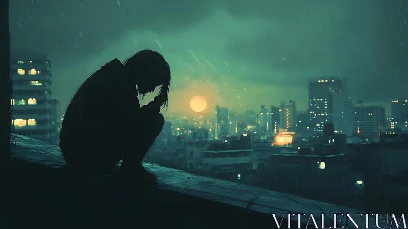 Rooftop silhouette grieving beneath a rain-soaked neon city.