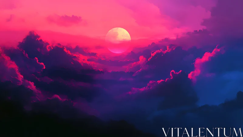 Chromatic stratocumulus matrix around a synthetic neon sun.