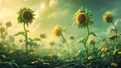 Sunflower field rendered with dramatic backlit atmosphere