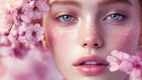 Ethereal portrait captures dewy freckled face in pink bloom