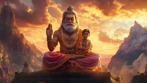 Seated bearded sage with child before mountainous sunset sky.