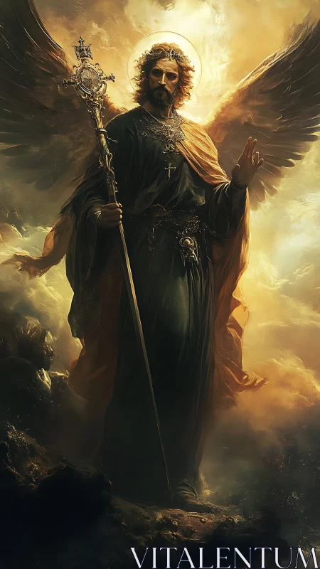 Winged celestial guardian in golden atmospheric radiance.