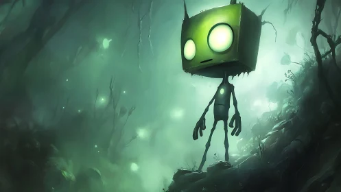 Bioluminescent robot explores misty alien forest with volumetric fog