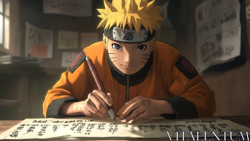 Blond ninja studies scroll under warm focused window light.