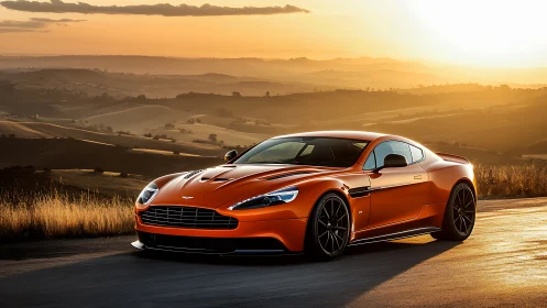 Sunlit orange grand tourer coupe on rural mountain highway