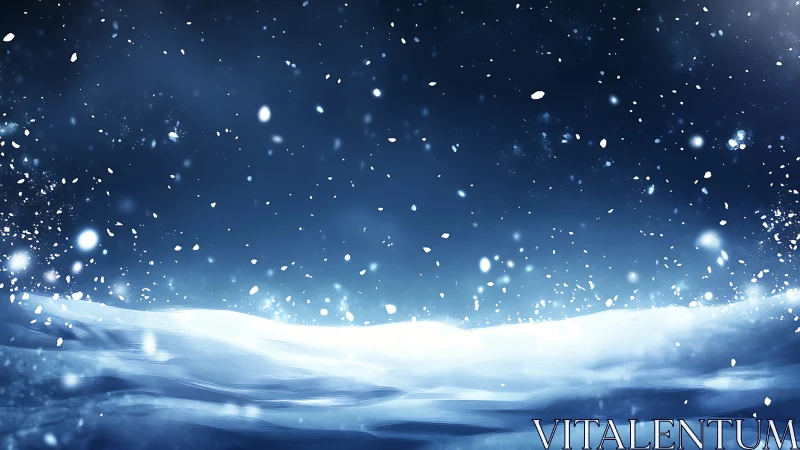 Winter blizzard sweeps over luminous midnight snowfield.