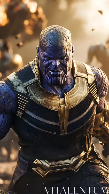 Armored purple titan strides through burning battlefield