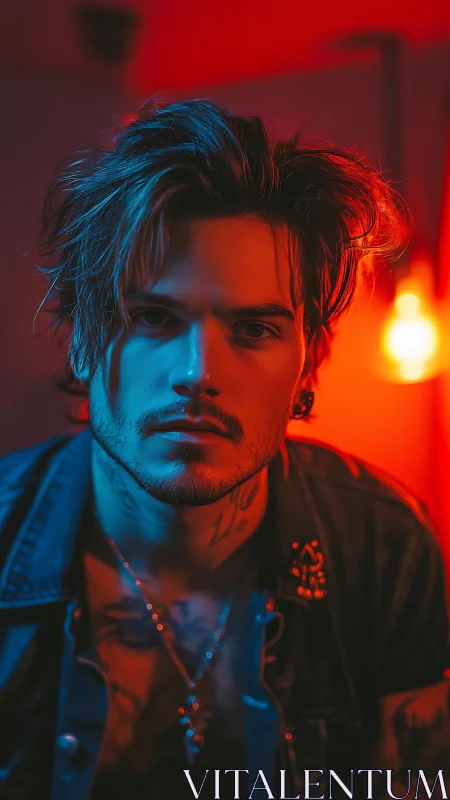 Neon-lit rebel gazes through electric blue and ember glow.