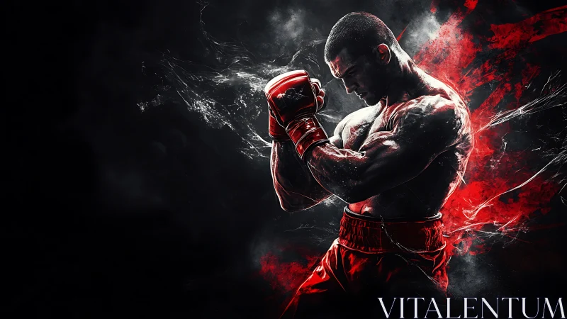 Powerful boxer in red gloves strikes with explosive energy