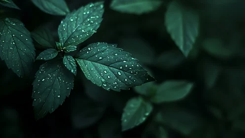 Rain-kissed emerald leaves glow softly in the forest hush.