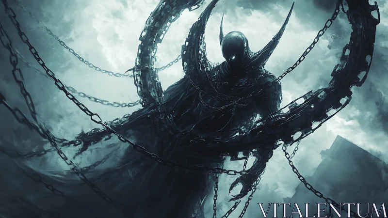 Digital painting of chained void entity in stormed monochrome field.