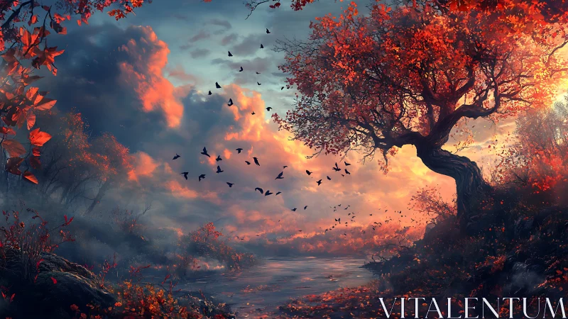 Autumn river valley under volumetric sky and silhouetted bird flock