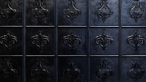Ornate black wall tiles create a dramatic, sculpted surface.