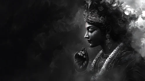 Black and white side profile of ornate divine statue figure.