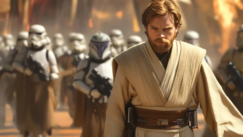 Jedi commander leading armored troopers through fiery battlefield.