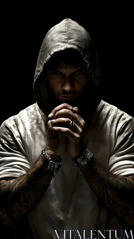 Hooded man in dramatic low key portrait, fists clasped.