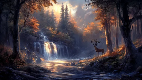 Majestic Deer Discovers a Waterfall in Golden Autumn Forest