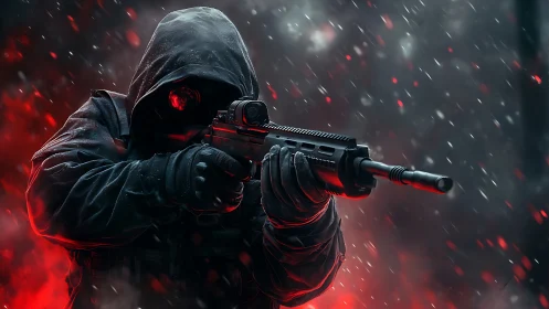 Hooded futuristic sniper advances through red storm haze