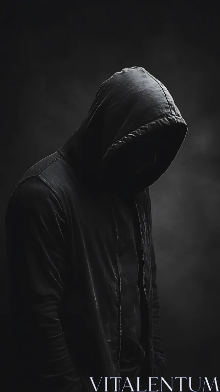 Hooded figure in deep shadow stands against dark background