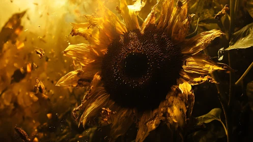 Decaying sunflower in cinematic golden backlight closeup.