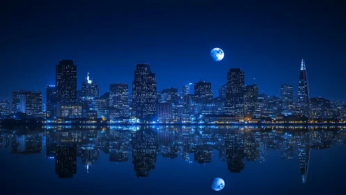 Nocturnal skyline renders dense high-rise grid with lunar reflection