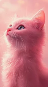 Pink fluffy cat with blue eyes looking upward.