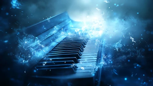 Starlit piano keys launch blue music into drifting cosmos