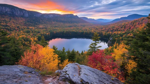 Autumn mountain basin lake under stratified sunrise cloud cover