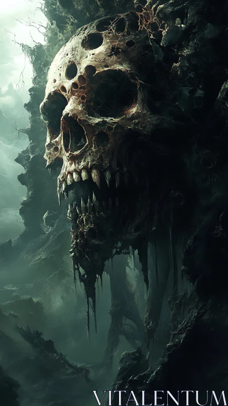 Colossal decayed skull cliff in dark misty ravine landscape.