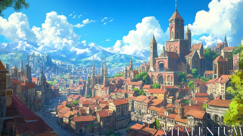Sunlit fantasy citadel above sprawling red-roofed cityscape.