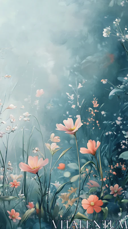 Soft-focus meadow wildflowers with pastel bokeh haze