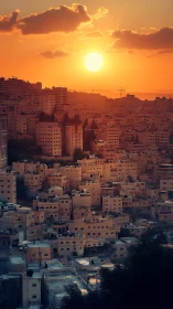 High-density hillside cityscape under warm atmospheric sunset light